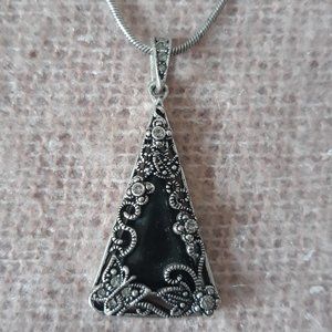Necklace, Silver Chain w/Triangular Pendant, Black Stone and Filigree Design